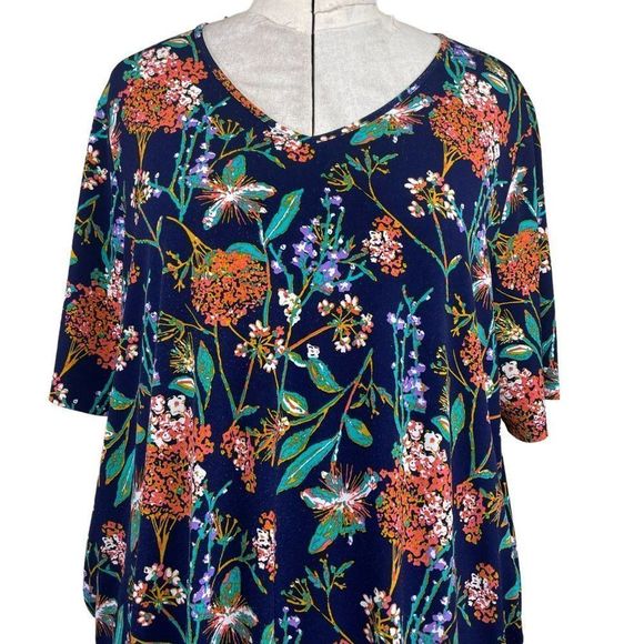 Ulla Popken Blue Orange Green Floral Short Sleeve Stretch Dress with Pockets 22 - Picture 4 of 6